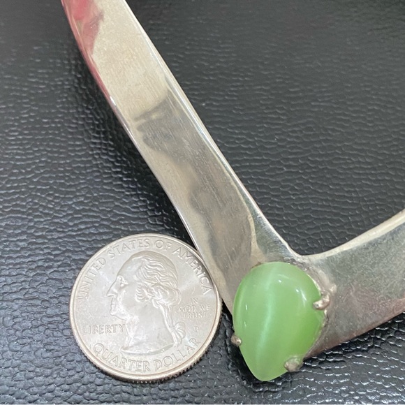 Vintage Unsigned Green Moonstone Cat Eye Center Silver Collar Necklace - Picture 6 of 13